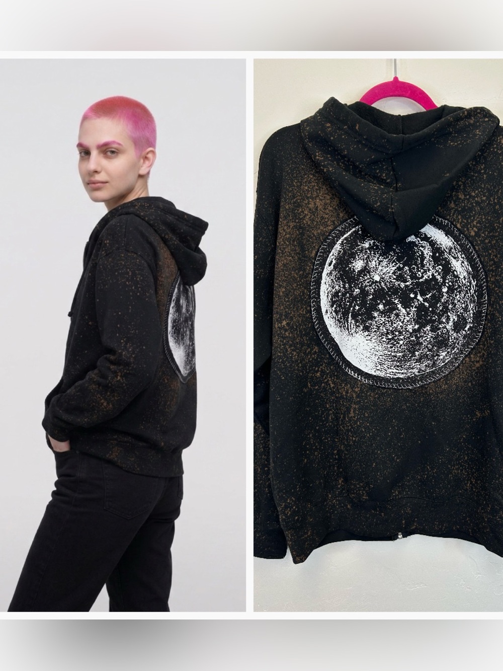 Goth Celestial Hoodie Full Moon Size L Unisex Witchy Distressed Zip Up Punk